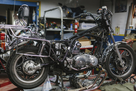 Motorcycle in auto repair shop
