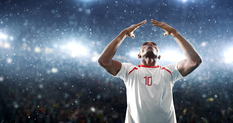 Soccer player celebrates a victory on the professional stadium while it’s snowing.