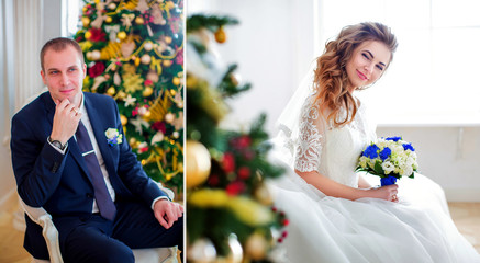 Groom in suit sitting in an armchair, on background of Christmas tree. Bride in wedding dress, peeks behind christmas tree