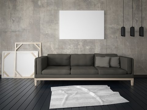 Mock up a stylish living room with a comfortable dark sofa and a stylish hipster background.
