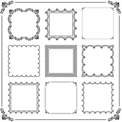 Vintage set of elements. Different square elements for decoration and design frames, cards, menus, backgrounds and monograms. Classic black and white patterns. Set of vintage patterns