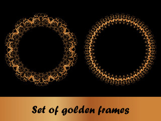 Set of round gold frames on a black background.