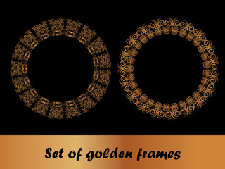 Set of round gold frames on a black background.