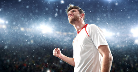 Soccer player celebrates a victory on the professional stadium while it’s snowing.