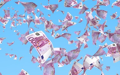 Flying euro banknotes isolated on a blue background. Money is flying in the air. 500 EURO in color. 3D illustration