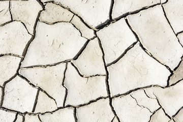 Overhead view of the patterns of a cracked dry grey earth.