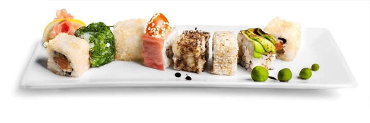 Sushi pieces collection, isolated on white background