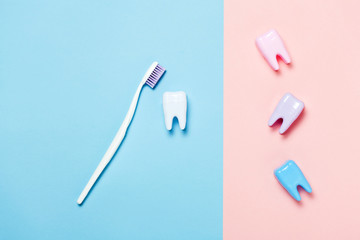 Big teeth on blue and pink background. Minimal