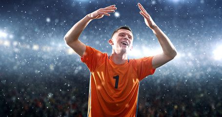 Fototapeta na wymiar Soccer player celebrates a victory on the professional stadium while it’s snowing.