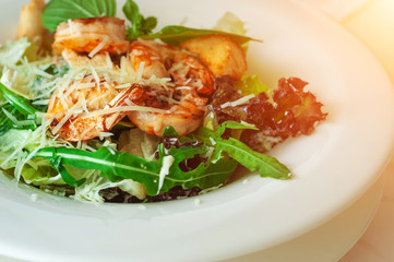 Seafood Caesar Salad with Shrimps, Salad Leaf, Croutons, Cherry Tomato and Parmesan Cheese