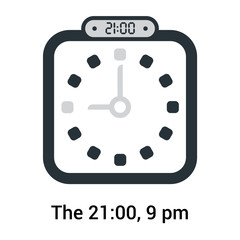 The 21:00, 9 pm icon isolated on white background, clock and watch, timer, countdown symbol, stopwatch, digital timer vector icon