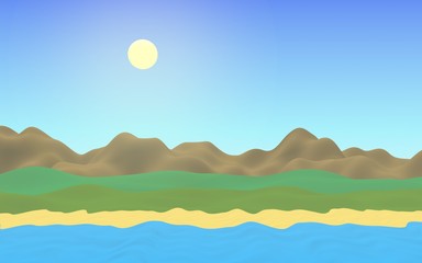 Sun Sea Beach. Noon. Ocean shore line with waves on a beach. Island beach paradise with waves. Vacation, summer, relaxation. Seascape, seashore. Minimalist landscape, primitivism. 3D illustration