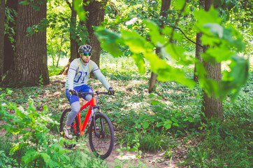 Naklejka premium Cyclist in helmet on orange bike riding in park