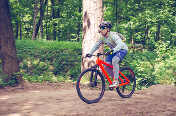 Fototapeta premium Cyclist in helmet on an orange bike doing a trick in a springboard jump in the forest, motion blur