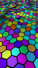 Honeycomb multi-colored. Perspective view on polygon look like honeycomb. Wavy surface. Isometric geometry. 3D illustration