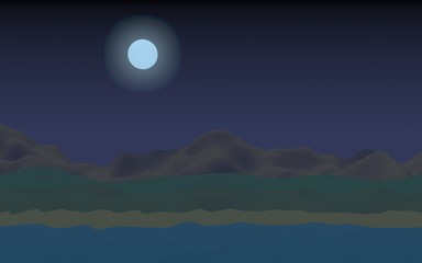 Moon Sea Beach. Midnight. Ocean shore line with waves on a beach. Island beach paradise with waves. Vacation, summer, relaxation. Seascape, seashore. Minimalist landscape, primitivism. 3D illustration