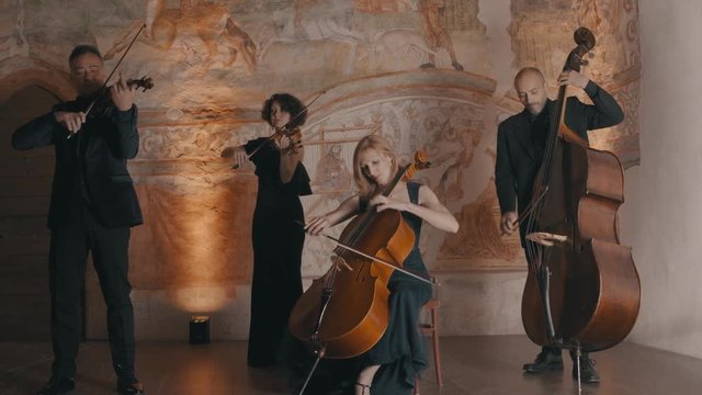 Long shot of a string quartet playing in a medieval style setting