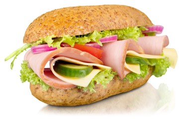 Fresh multi-grain turkey/chicken sub on white background