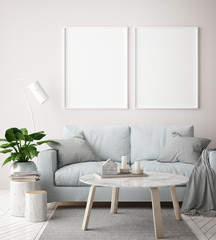mock up poster frame in hipster interior living roombackground, scandinavian style, 3D render, 3D illustration
