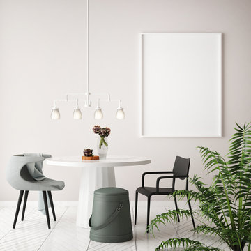mock up poster frame in hipster interior dining room background, Scandinavian style, 3D render, 3D illustration