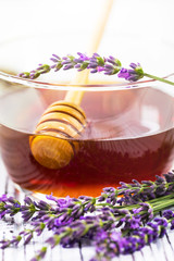 Lavender Herbal Honey with Lavender Flowers. Selective focus.