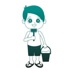 Cute boy with sand bucket and spatula toys vector illustration graphic design