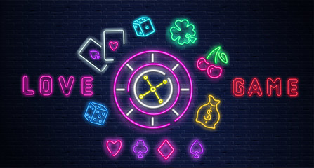 Neon luminous love game sign on purple bricklaying wall.