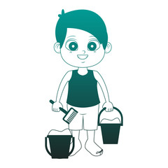 Cute boy with sand bucket and spatula toys vector illustration graphic design