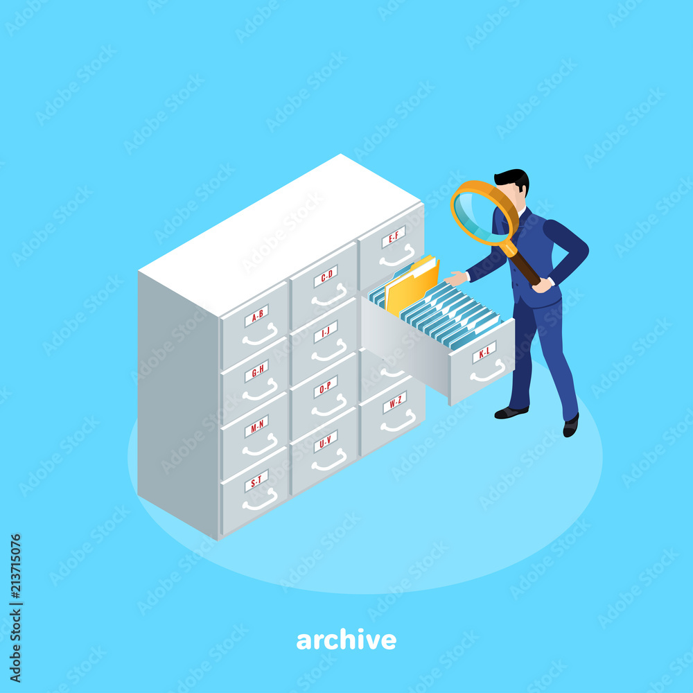 Poster a man in a business suit with a magnifier looking for a file on the shelves of the archive, an isome
