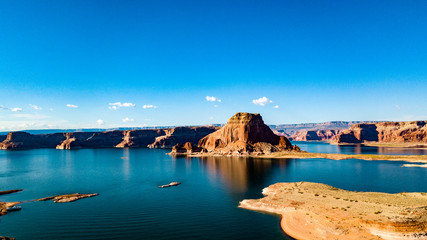 Aerial view of Lake Powell near Navajo Moutain, San Juan River in Glen Canyon with clear, beautiful...