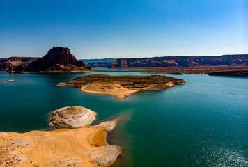 Aerial view of Lake Powell near Navajo Moutain, San Juan River in Glen Canyon with clear, beautiful...