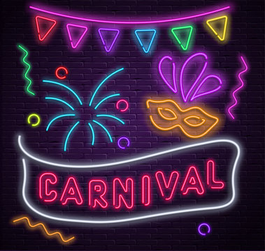 Purple carnival background with neon mask and flags.