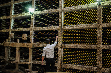 Winery, shelves with wine bottles