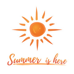 Summer logo design. Sun is above the sea wave and lettering. Summer is here. Vector illustration isolated on white background