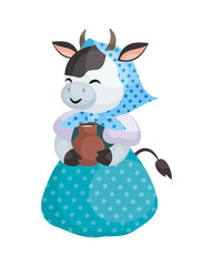 Fototapeta na wymiar Pretty cow with a jug of milk in cartoon style. Vector illustration isolated on a white background.
