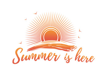 Fototapeta premium Summer logo design. Sun is above the sea wave and lettering. Summer is here. Vector illustration isolated on white background