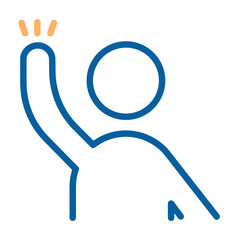Character with arm raised ready to help, answer, question something or hand wave. Vector thin line icon illustration. Volunteer, student raising his arm, voting, protesting, waving hello or  goodbye.