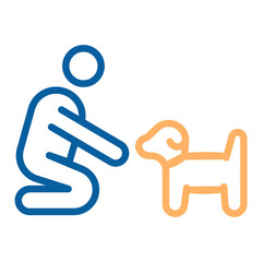 Person with small dog or puppy icon. Vector thin line illustration. Can fit different concepts. Pet training, adoption, helping abandoned animal, feeding, love between owner and dog.
