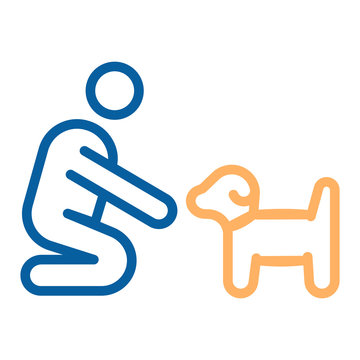 Person With Small Dog Or Puppy Icon. Vector Thin Line Illustration. Can Fit Different Concepts. Pet Training, Adoption, Helping Abandoned Animal, Feeding, Love Between Owner And Dog.