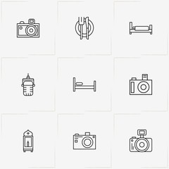 Wedding line icon set with bed, church  and photo camera