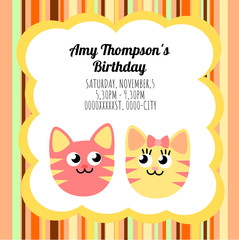 Cute card template of a birthday invitation with two cats
