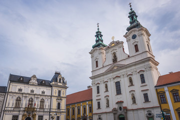 Fototapeta na wymiar St Francis Xavier church and City Hall in Uherske Hradiste, small city in Czech Republic