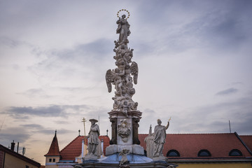 Fototapeta na wymiar Marian Plague Column on one of the squares of Old Town in Uherske Hradiste, small city in Czech Republic