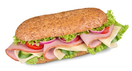 Fresh multi-grain turkey/chicken sub on white background