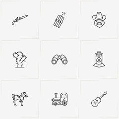 Wild West line icon set with guitar , train and cactus