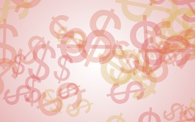 Multicolored translucent dollar signs on white background. Orange tones. 3D illustration
