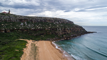 Aerial view of Barrenjoey lighthouse atop headland at Palm Beach, Sydney Australia © squirrel7707