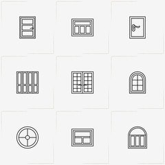 Windows And Doors line icon set with double door, window and round window