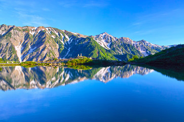 朝日を浴びた新緑の八方池

