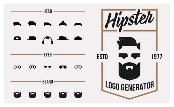 Vector Hipster Logo Generator. Set Of Design Elements For Logo Creation. Different Haircuts, Hats, Eyes, Glasses And Beard Styles.
